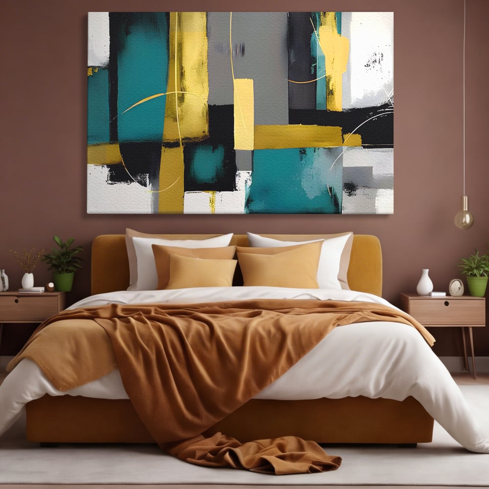 Tablou canvas cu tablou canvas cu forme geometrice abstracte, fara rama, pe sasiu de lemn, pe perete intr-un dormitor